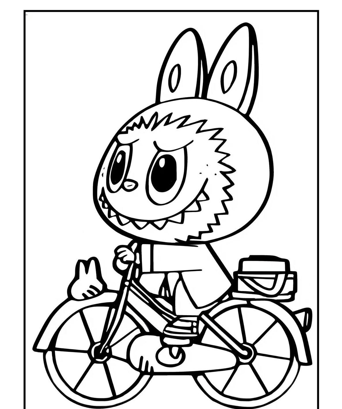 Desenho Labubu pedalando em uma bicicleta para colorir