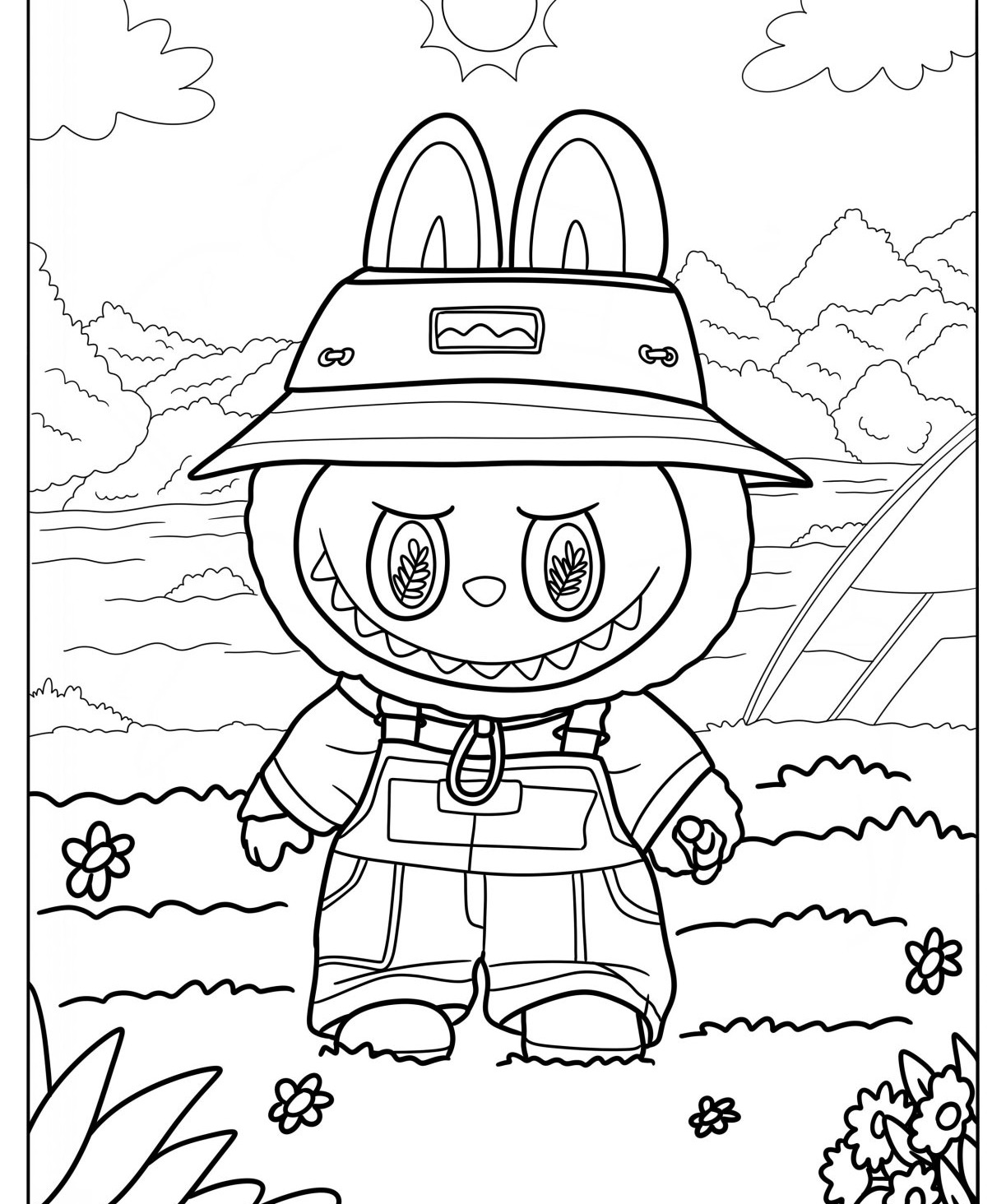 Desenho Labubu com chapéu em paisagem ao ar livre