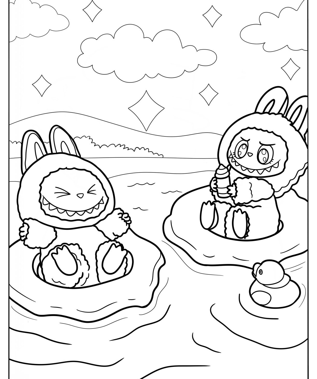 Desenho Labubu sentados em ilhas no lago para colorir