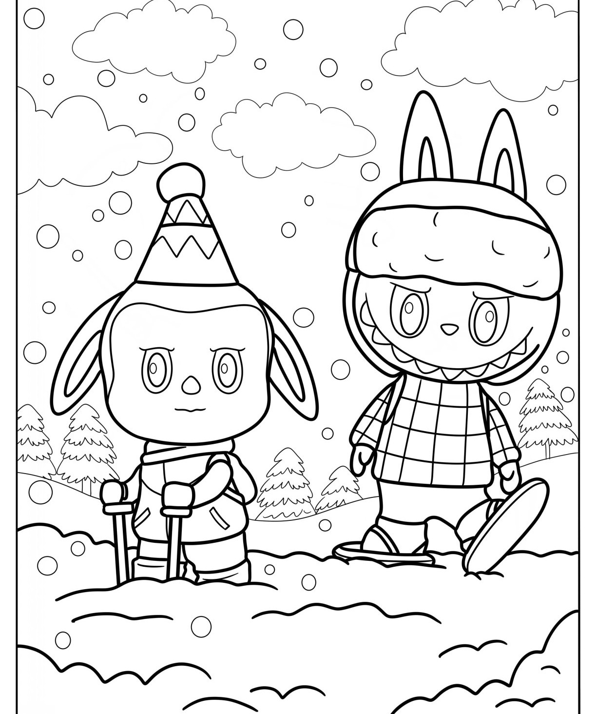 Desenho Labubu na neve com fundo de inverno para colorir