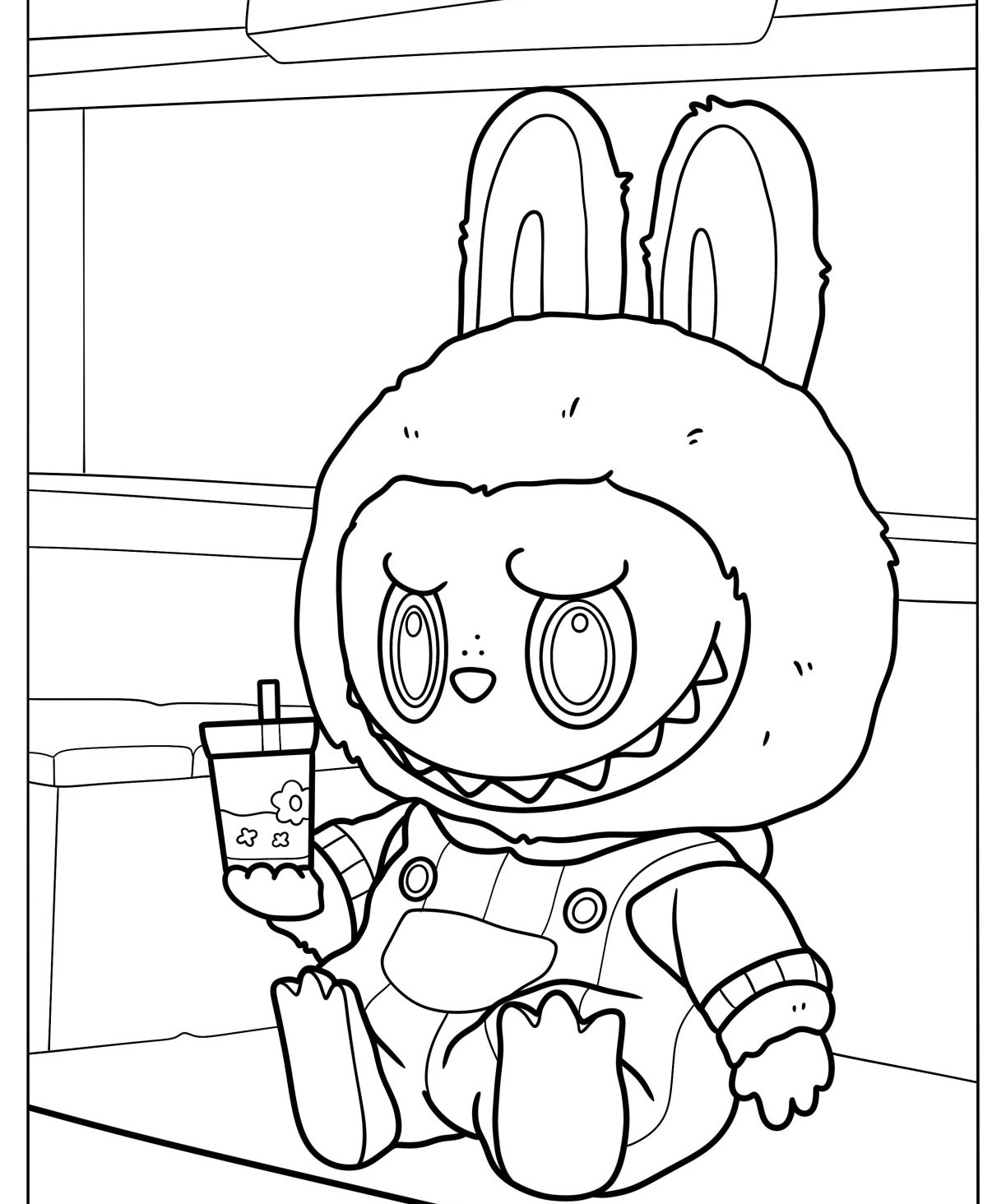 Desenho Labubu segurando uma bebida em um cenário divertido