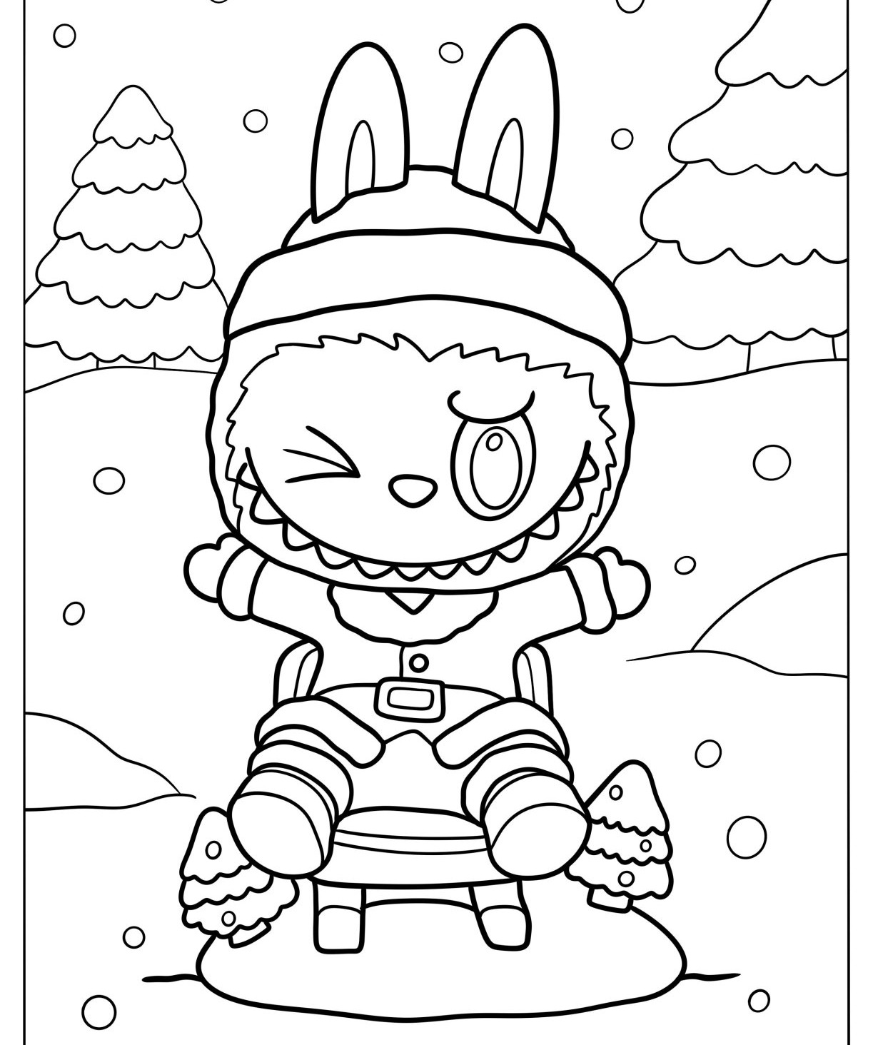 Desenho Labubu divertido sentado em uma cadeira de madeira