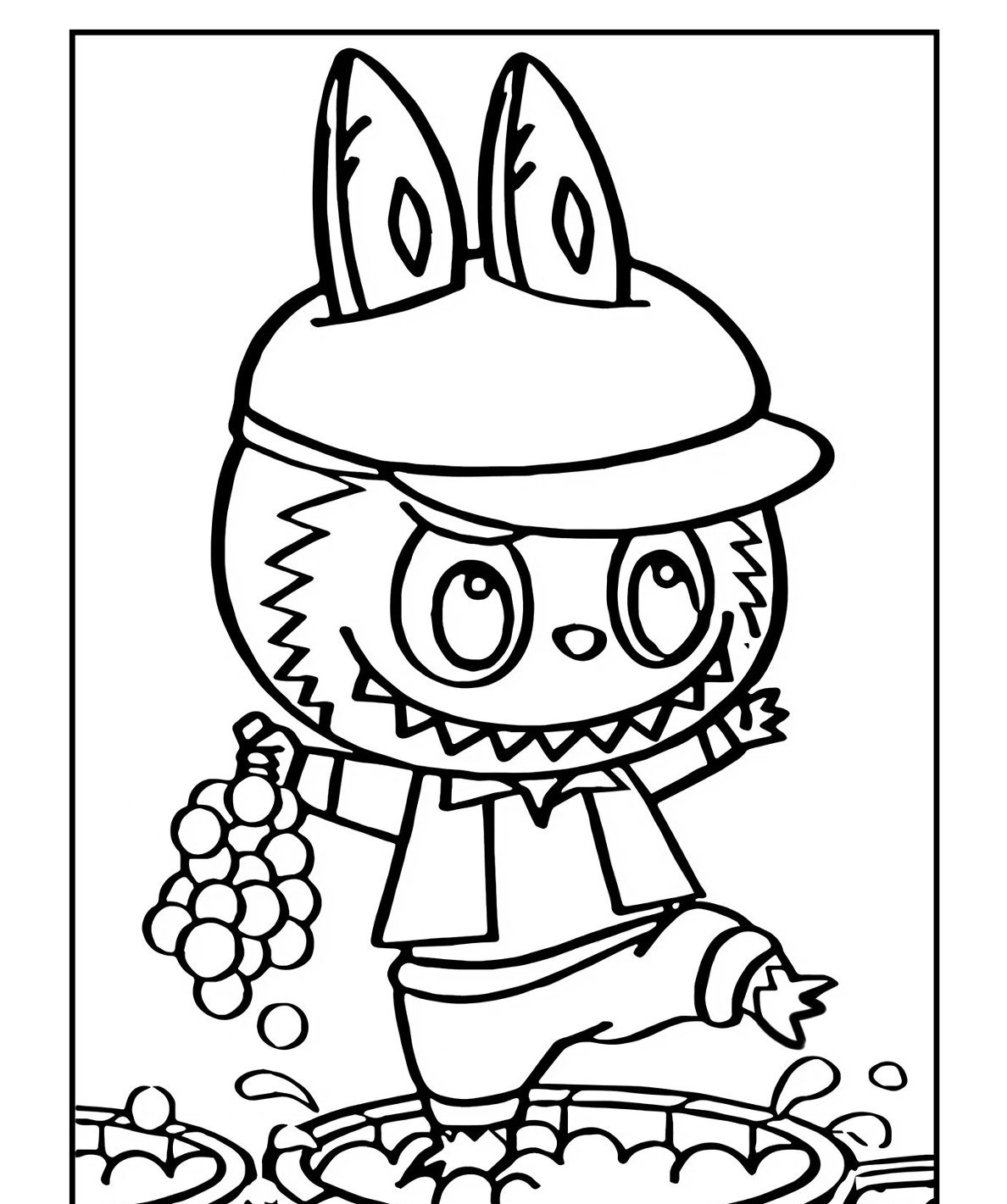 Desenho Labubu segurando uvas e usando chapéu