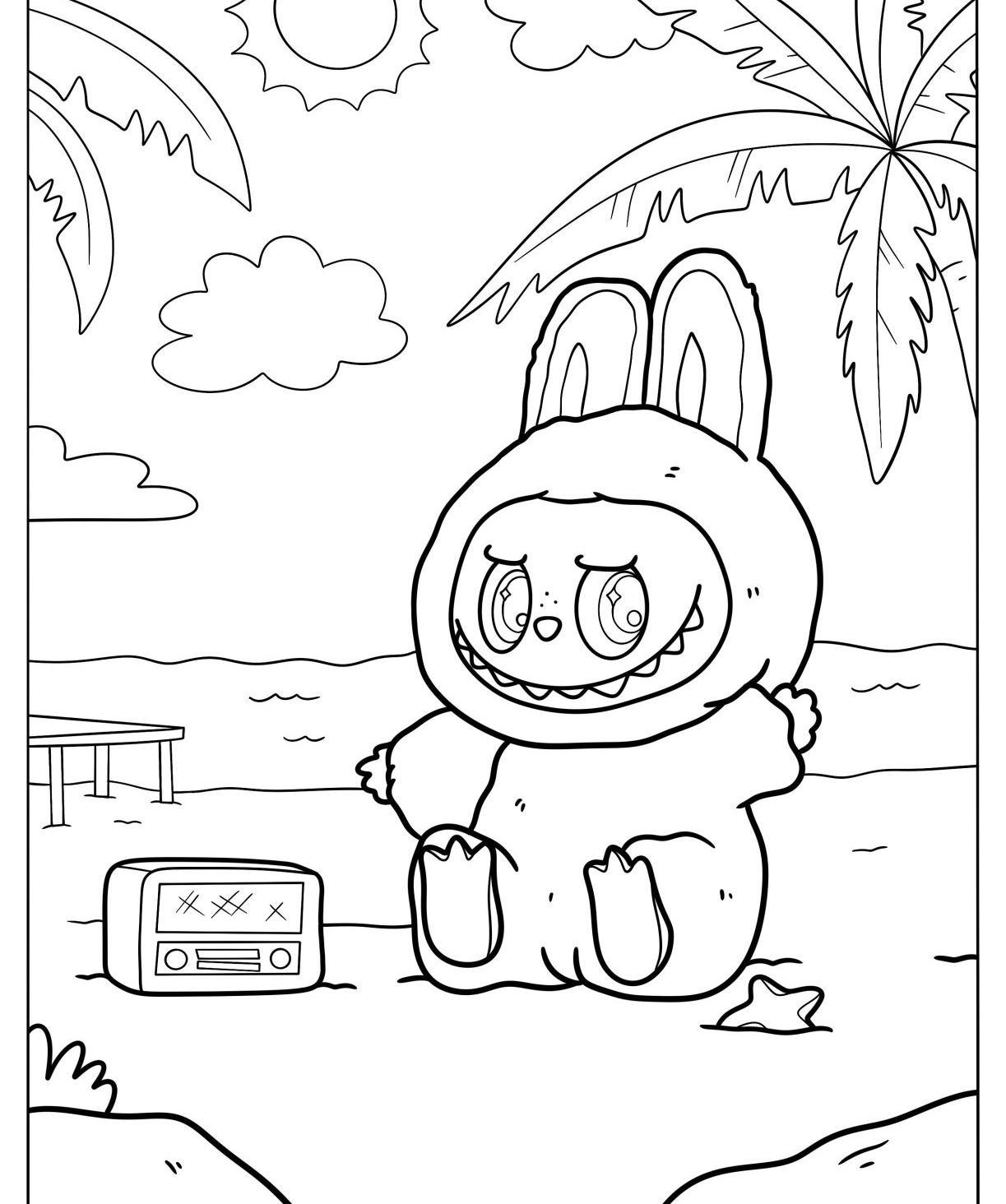 Desenho Labubu Bonito na praia para imprimir e colorir