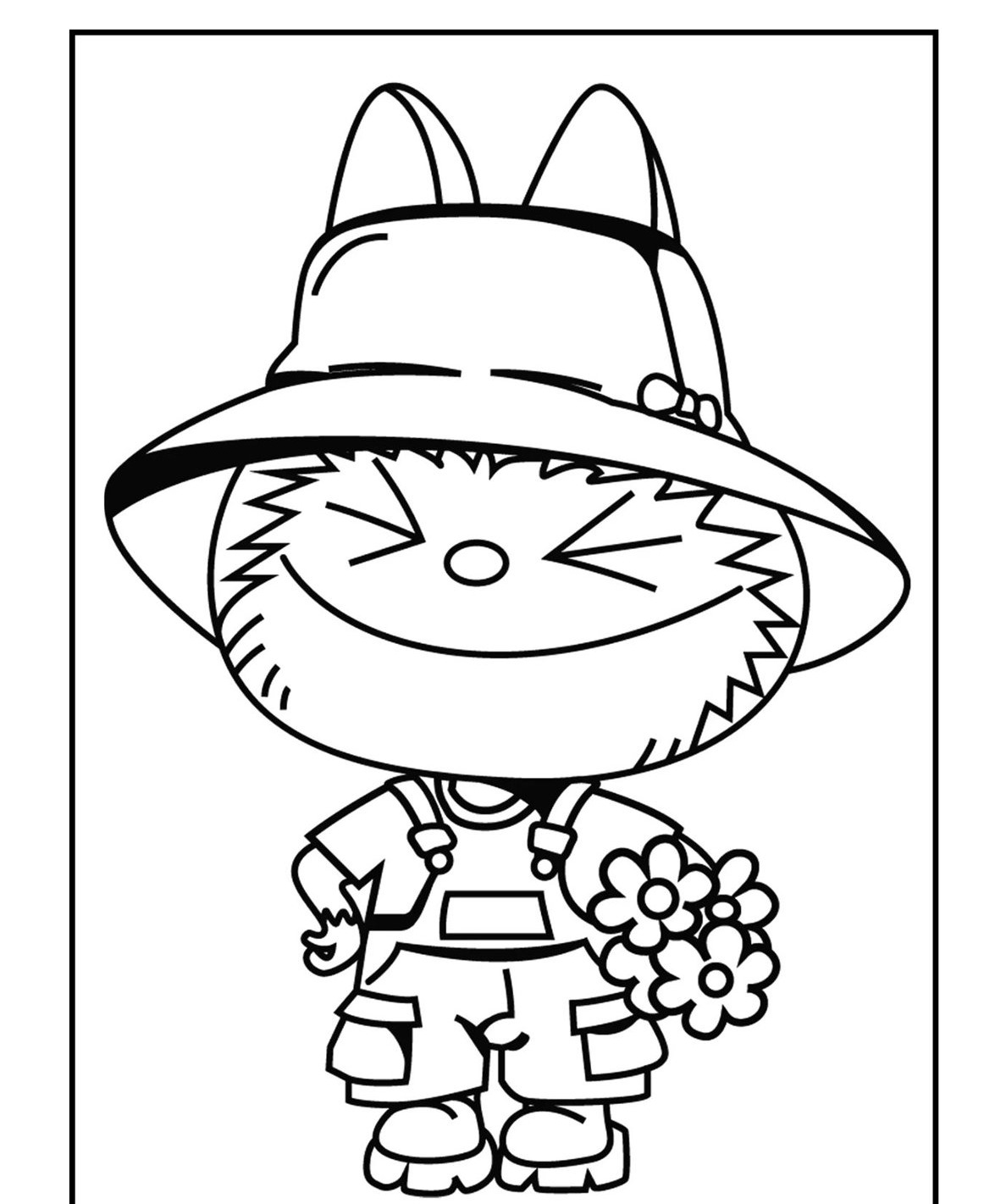 Desenho Labubu sorridente com chapéu e flores para colorir