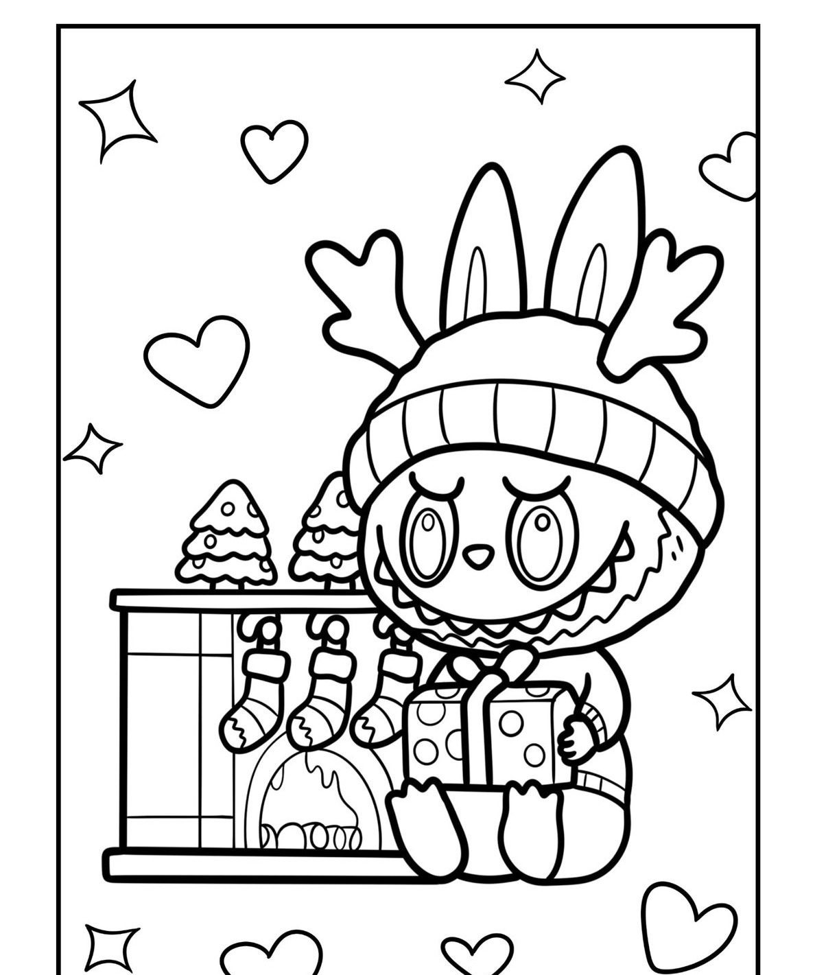 Desenho Labubu com presente e lareiras para imprimir e colorir