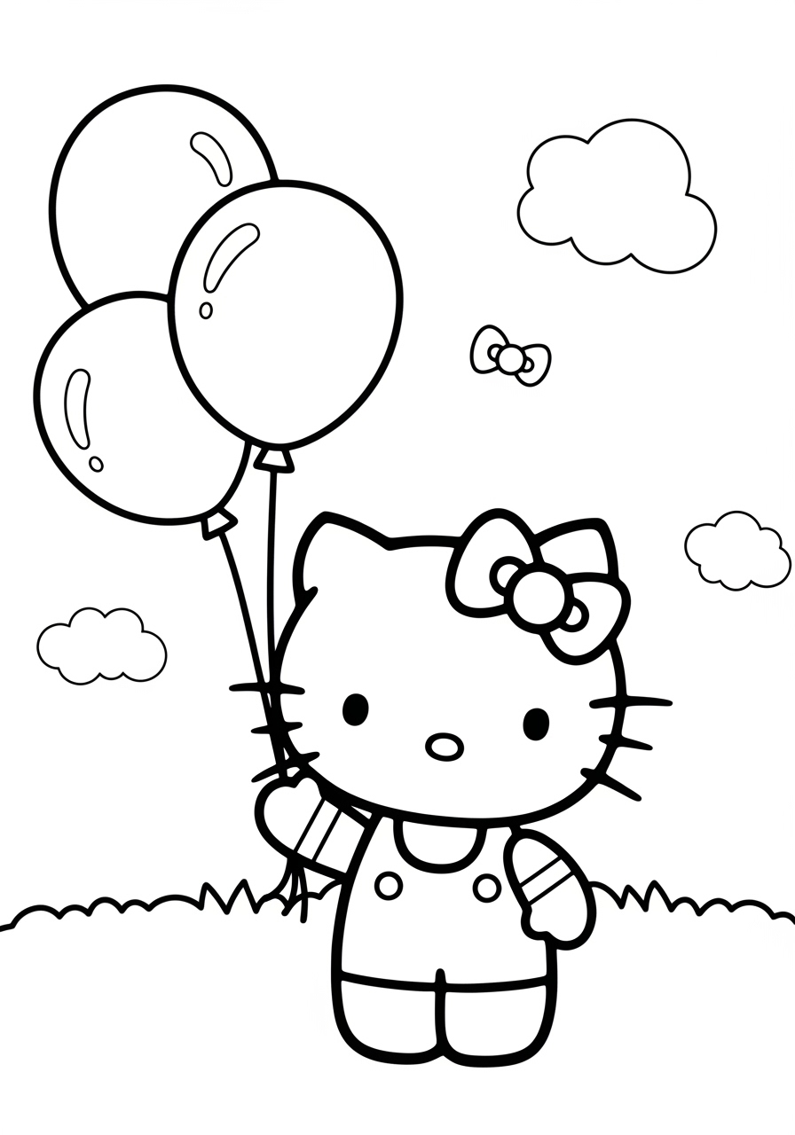 Desenho da Hello Kitty segurando balões para imprimir e colorir