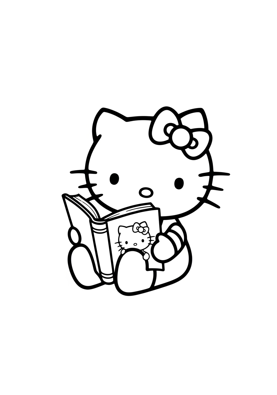 Desenho da Hello Kitty lendo um livro para imprimir e colorir