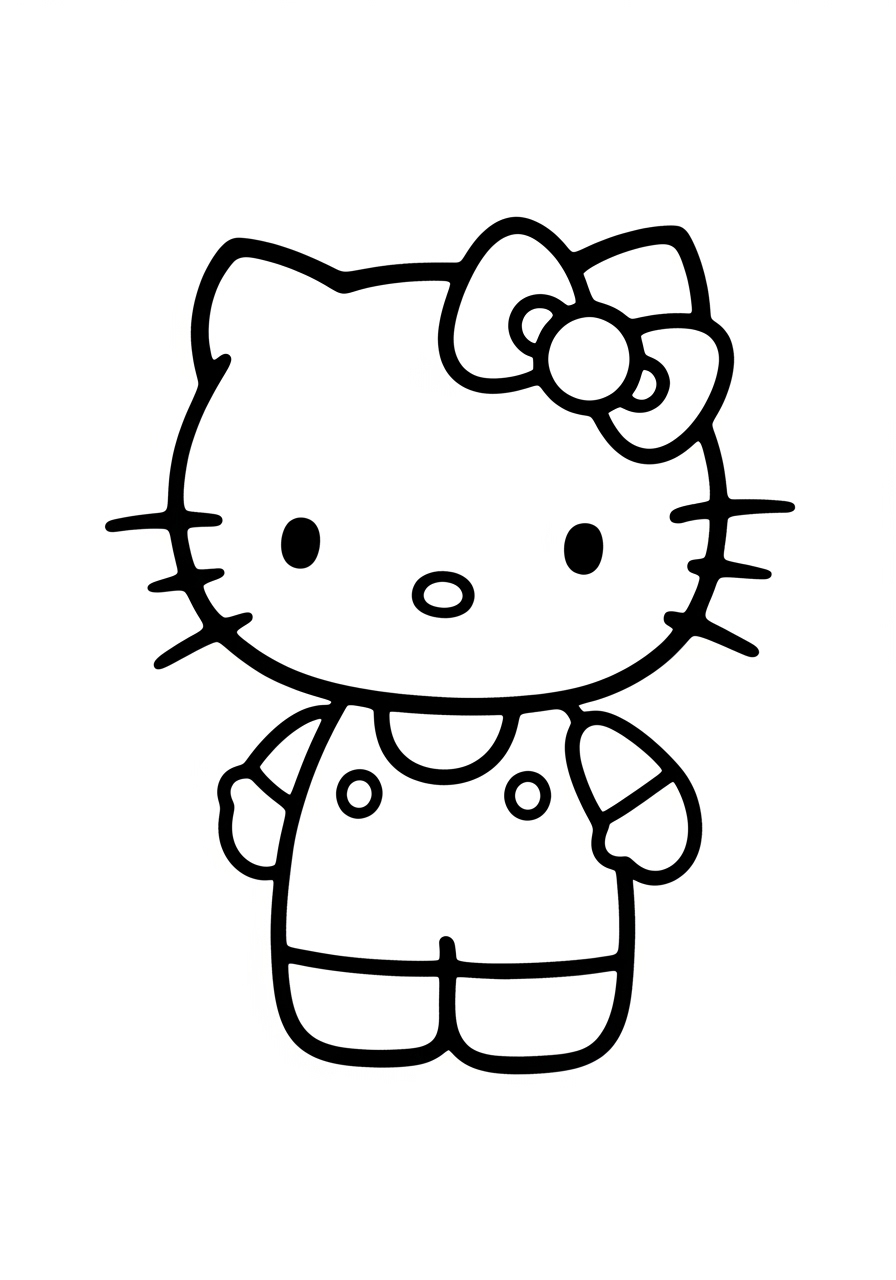 Desenho da Hello Kitty com roupa de macacão para colorir