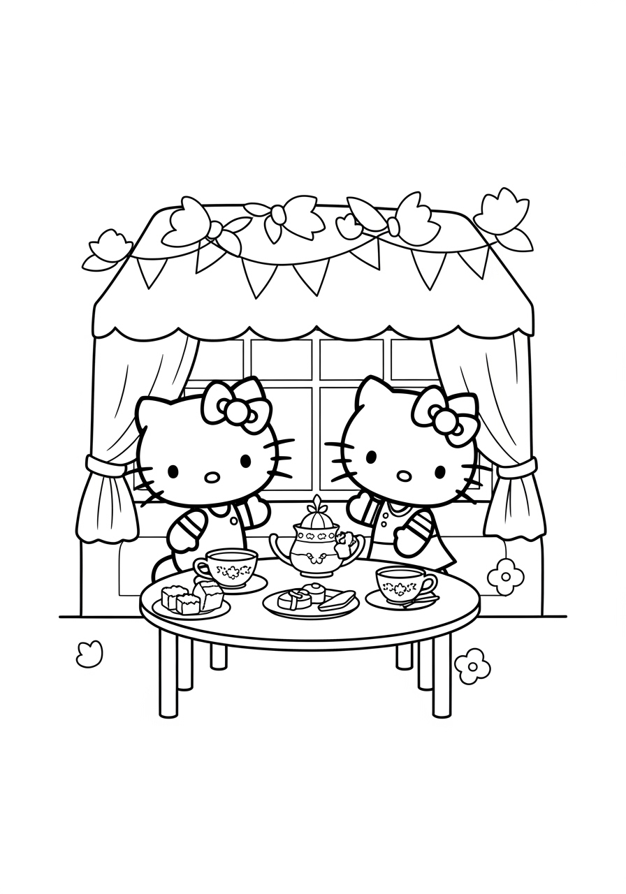 Desenho da Hello Kitty com amigos em festa para colorir