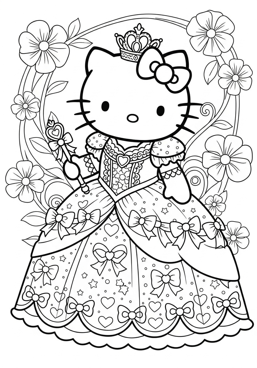 Desenho da Hello Kitty de princesa para imprimir e colorir