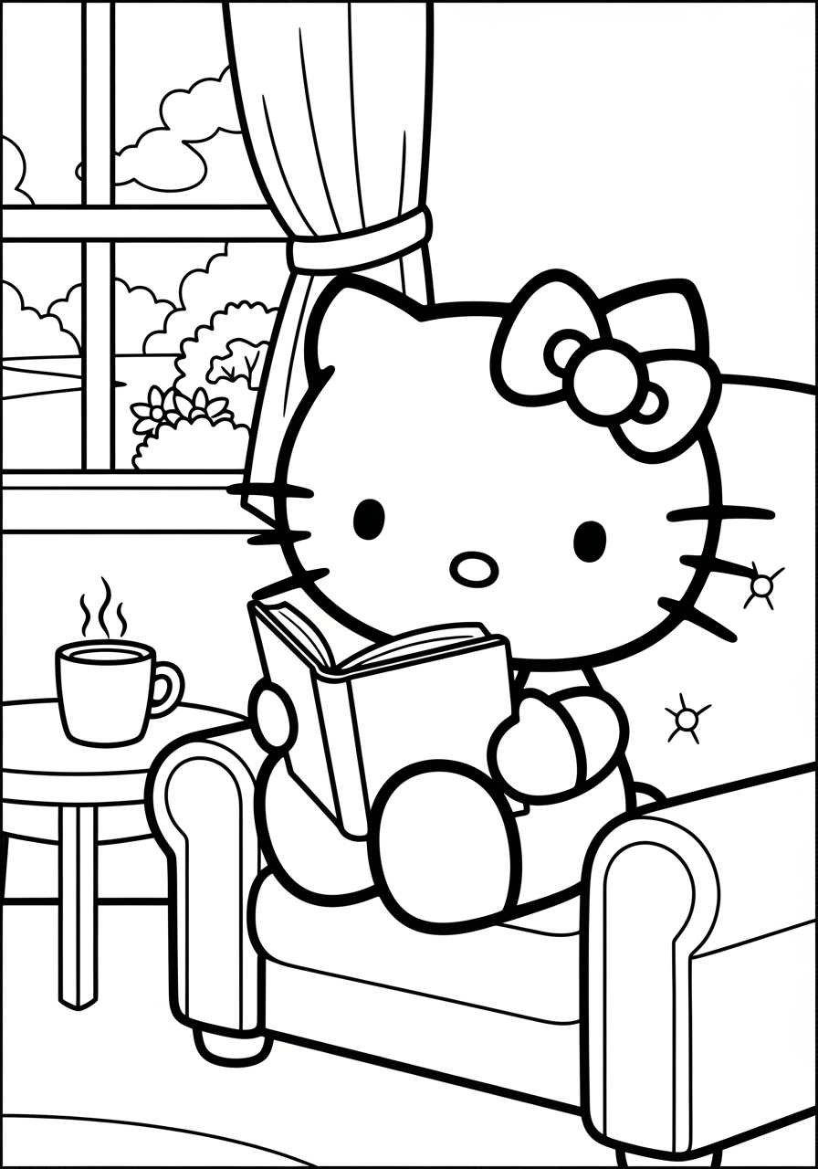 Desenho da Hello Kitty lendo um livro para colorir