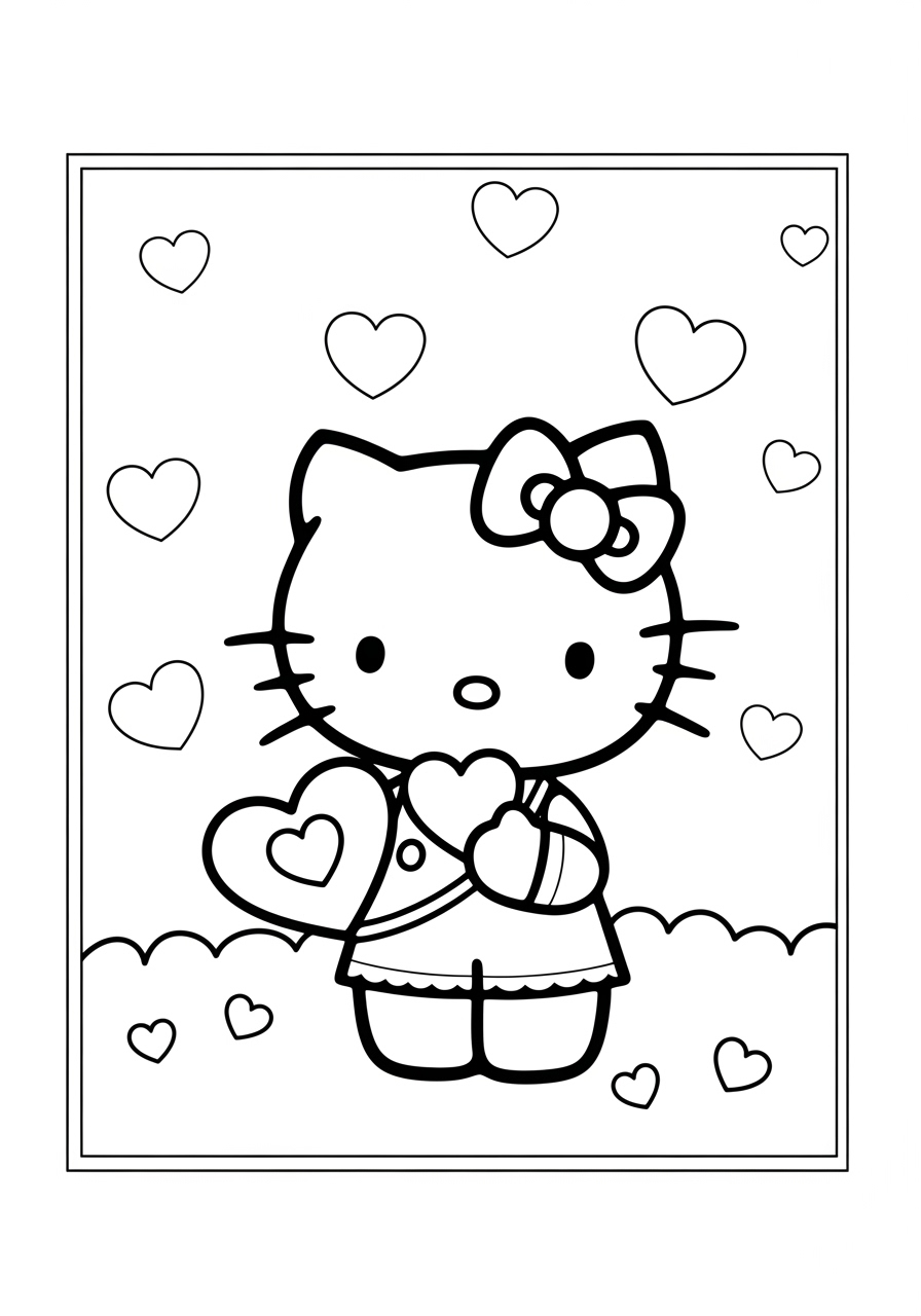 Desenho da Hello Kitty segurando corações para imprimir