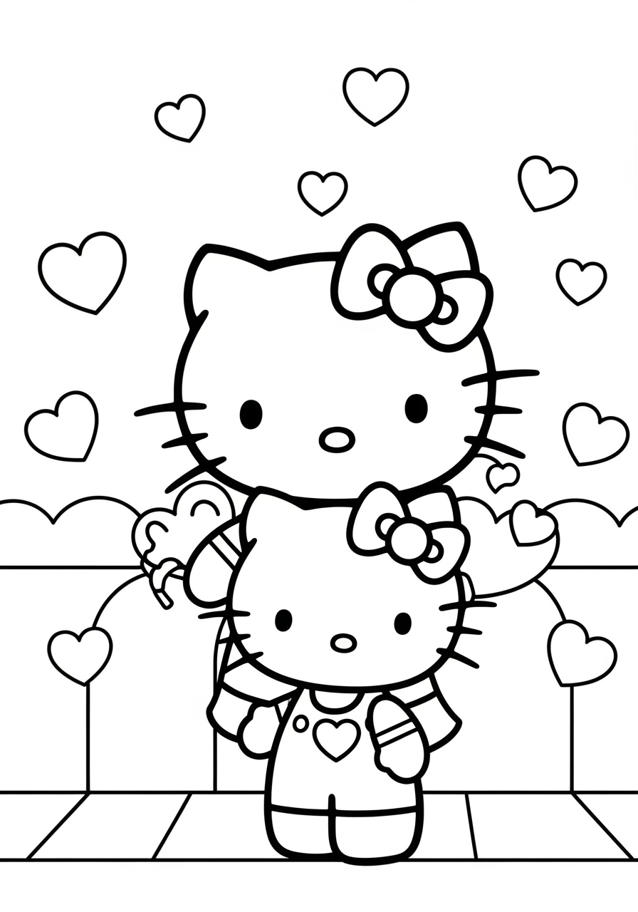 Desenho da Hello Kitty com corações para imprimir e colorir