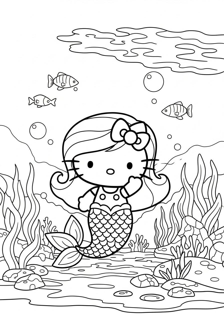 Desenho da Hello Kitty sereia para imprimir e colorir