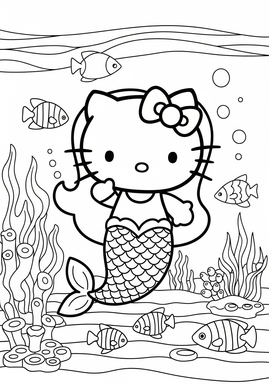 Desenho da Hello Kitty sereia para imprimir e colorir