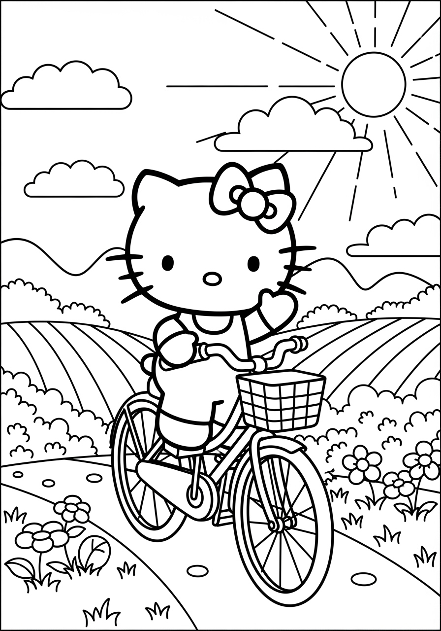 Desenho da Hello Kitty andando de bicicleta para imprimir e colorir