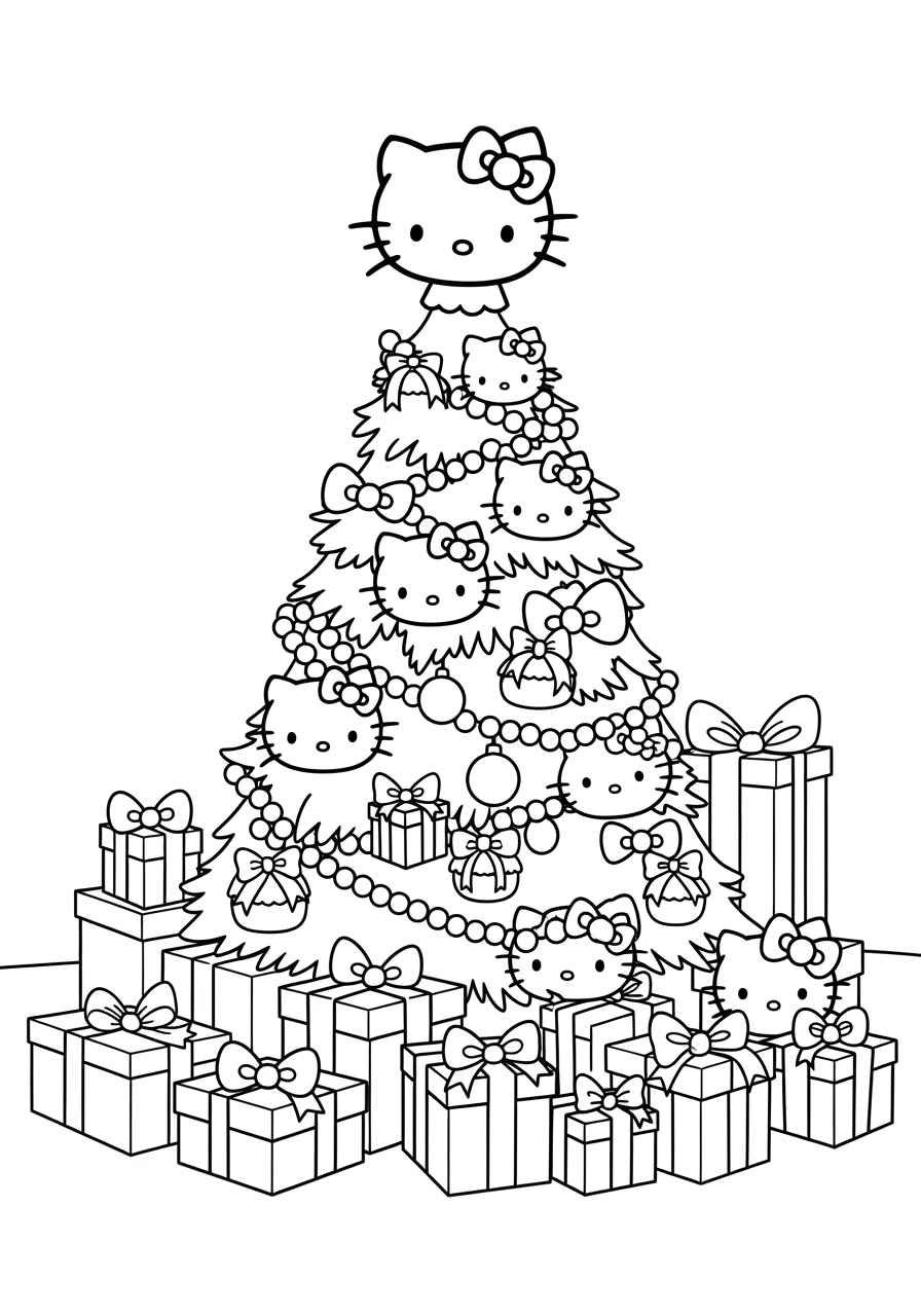 Desenho da Hello Kitty em uma árvore de Natal para colorir