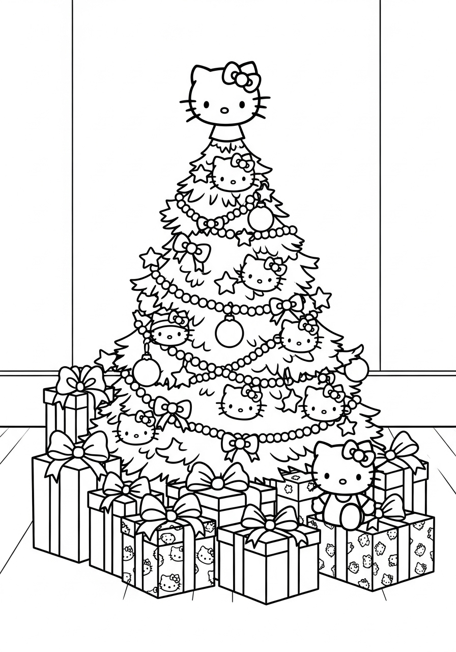 Desenho da Hello Kitty em uma árvore de Natal para colorir