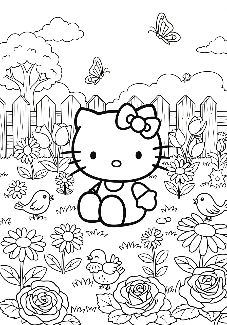 Desenho da Hello Kitty em um jardim para imprimir e colorir