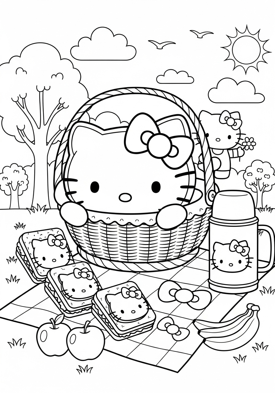 Desenho da Hello Kitty em um piquenique para imprimir e colorir