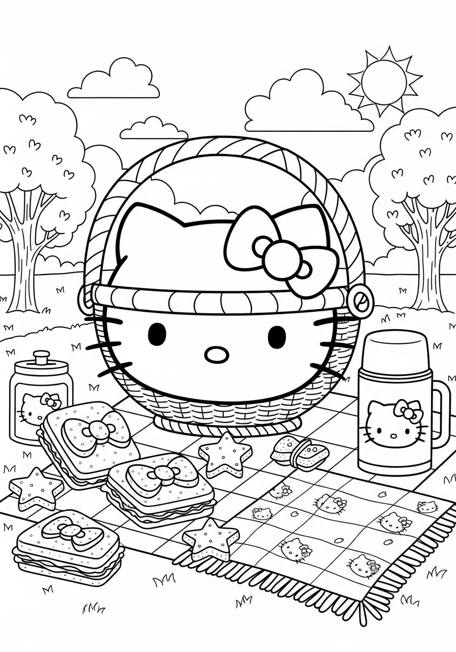 Desenho da Hello Kitty fazendo piquenique para imprimir e colorir
