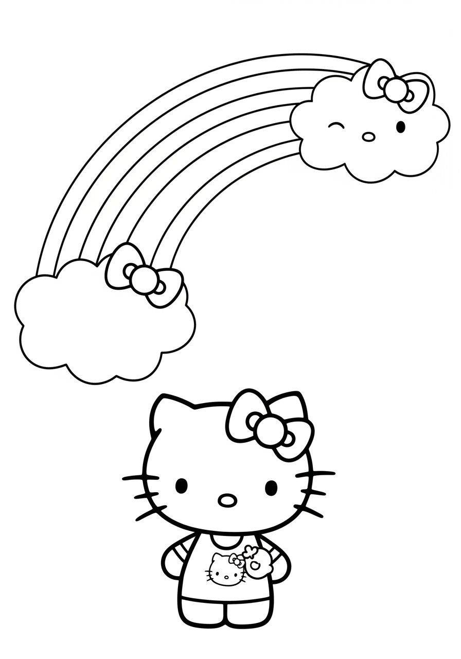 Desenho da Hello Kitty com arco-íris e nuvens para colorir