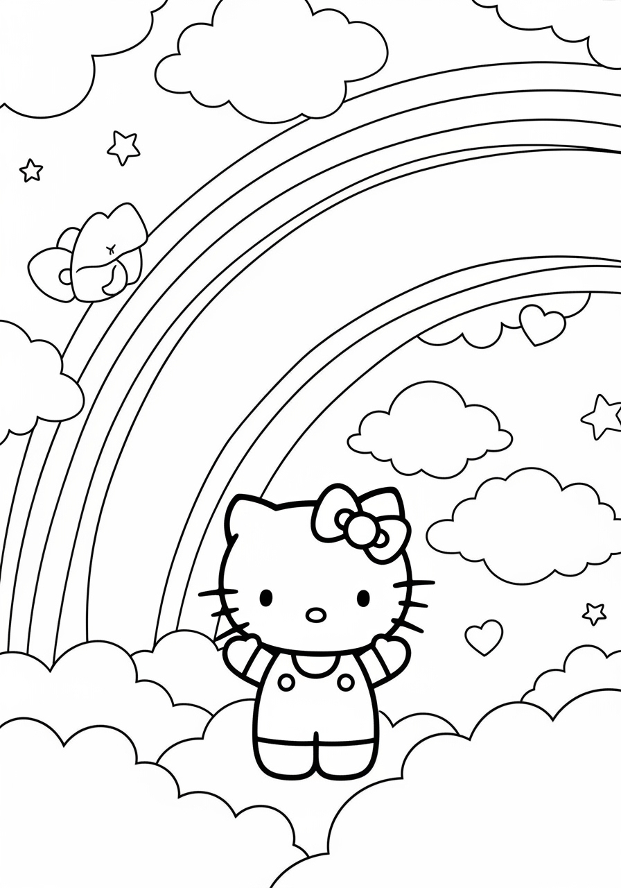 Desenho da Hello Kitty com arco-íris e nuvens para colorir