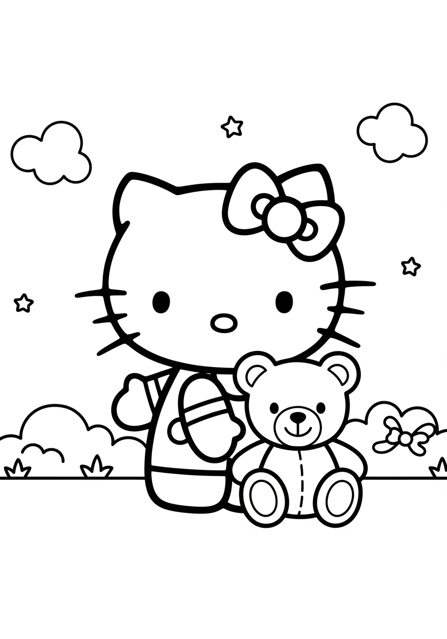 Desenho da Hello Kitty com urso para imprimir e colorir
