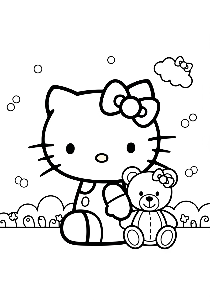 Desenho da Hello Kitty com seu ursinho para imprimir e colorir