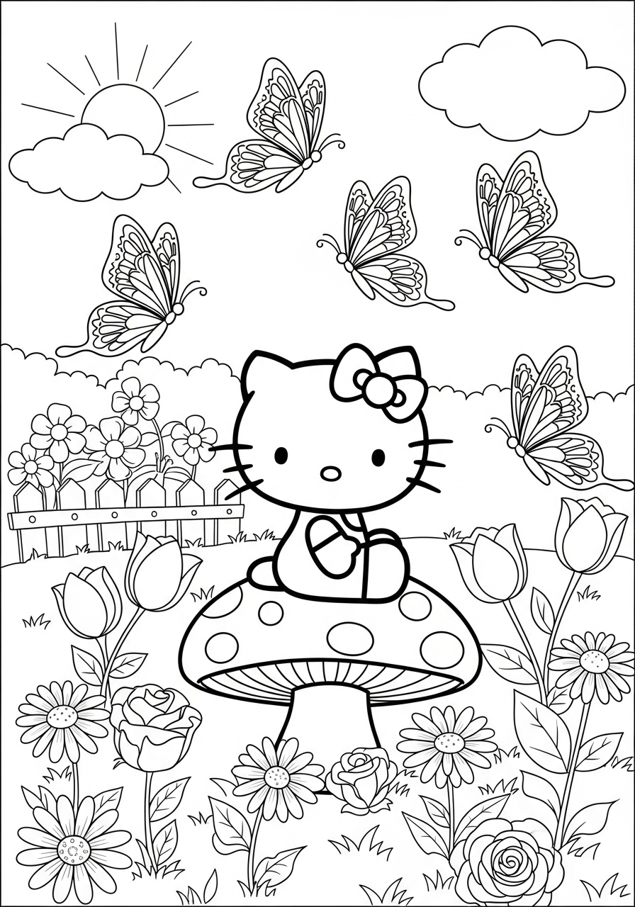 Desenho da Hello Kitty em um campo com flores para colorir