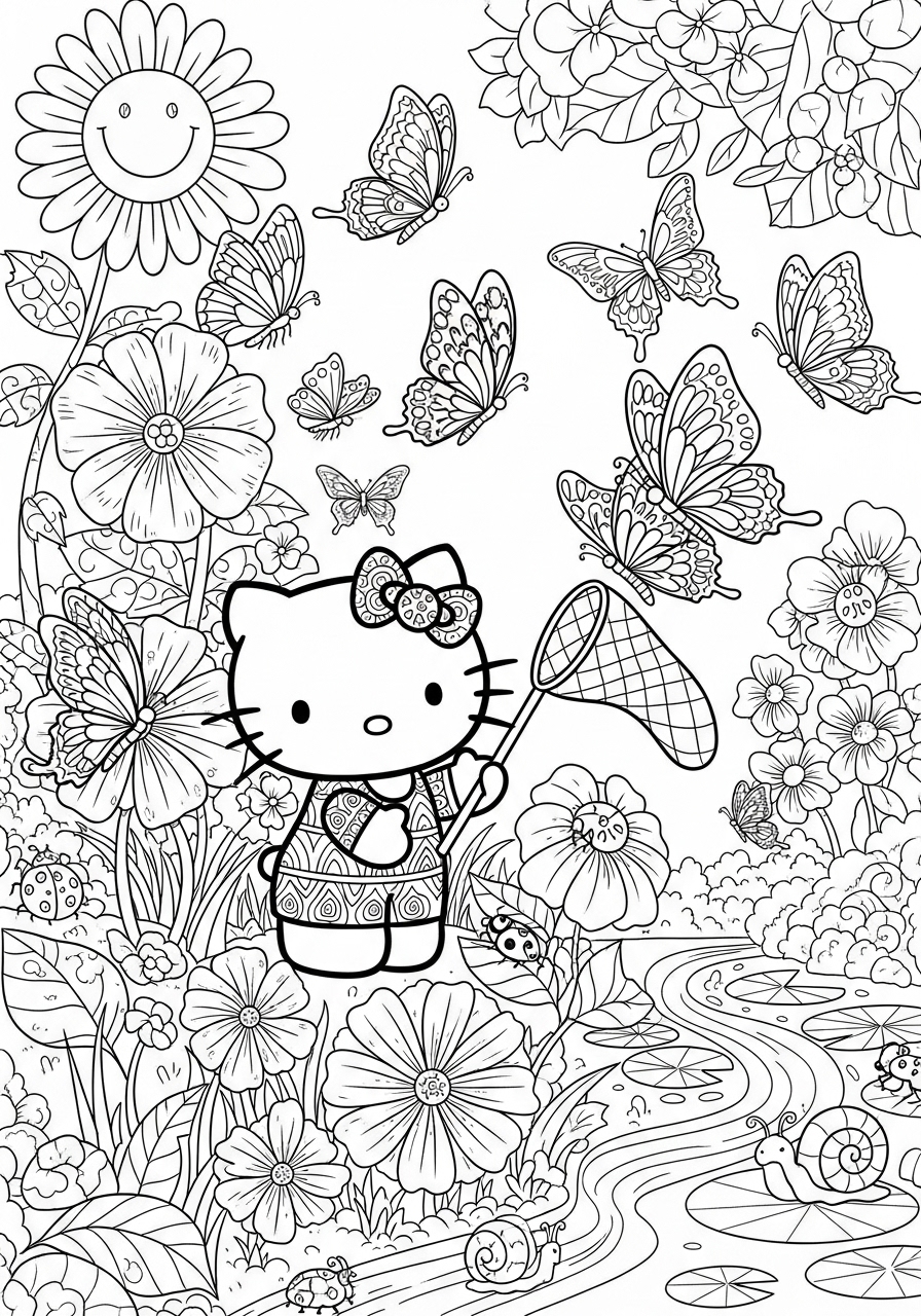 Desenho da Hello Kitty pegando borboletas para imprimir e colorir
