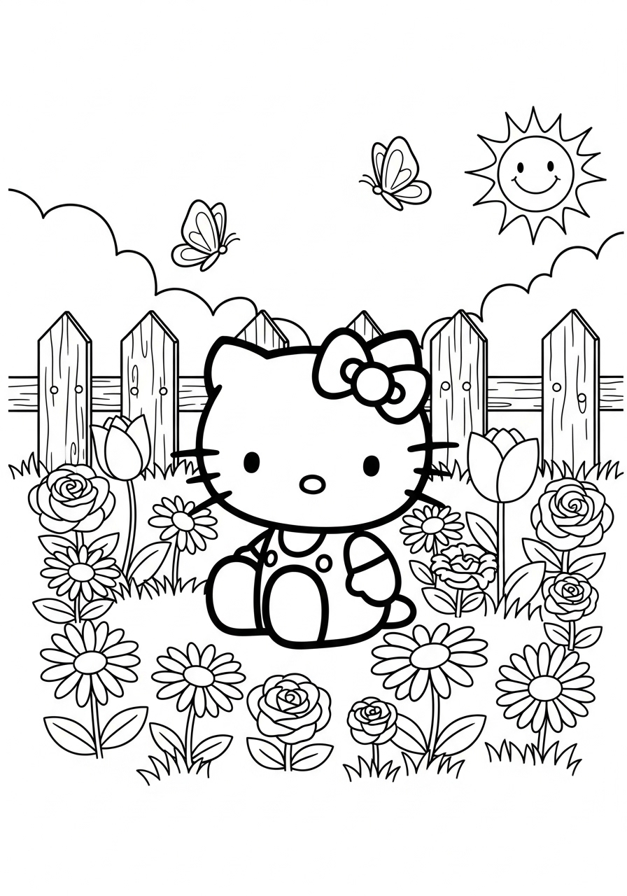 Desenho da Hello Kitty no jardim para imprimir e colorir