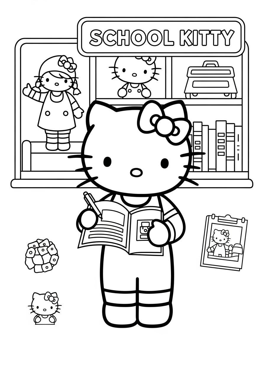 Desenho da Hello Kitty na escola para imprimir e colorir