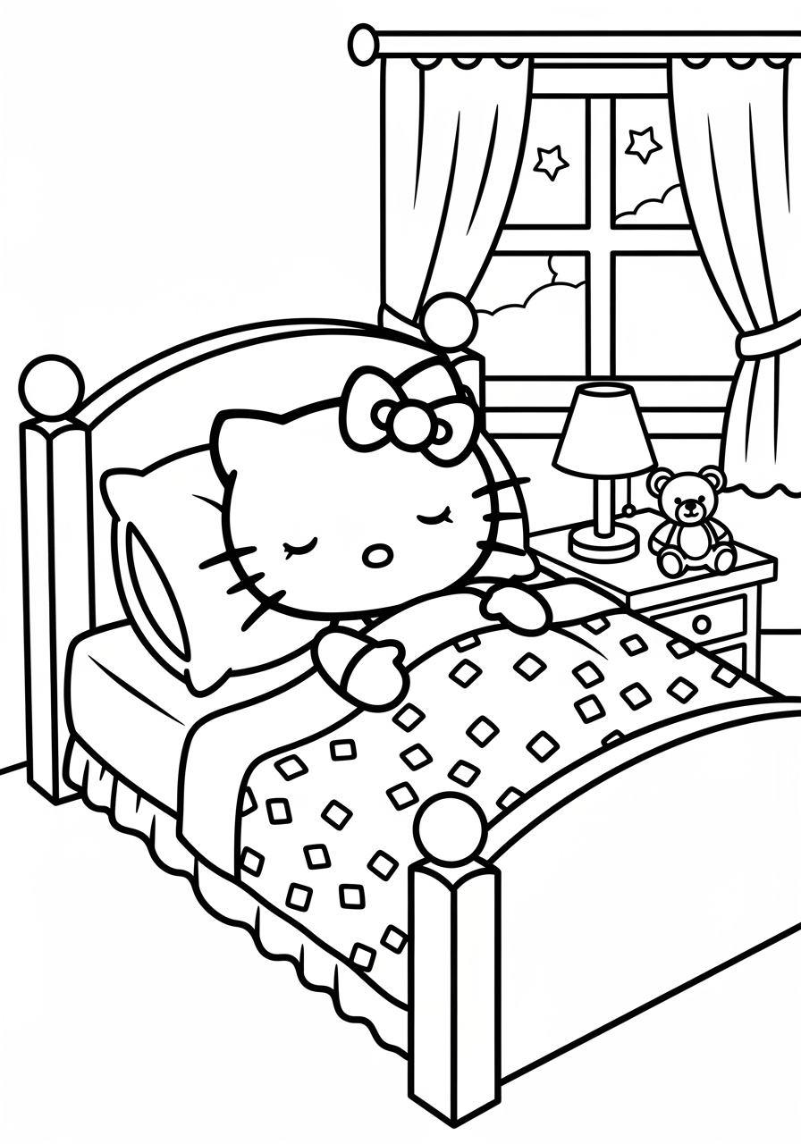 Desenho da Hello Kitty dormindo para imprimir e colorir