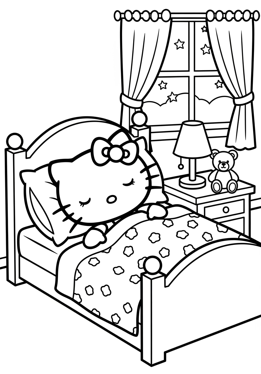 Desenho da Hello Kitty na cama para imprimir e colorir