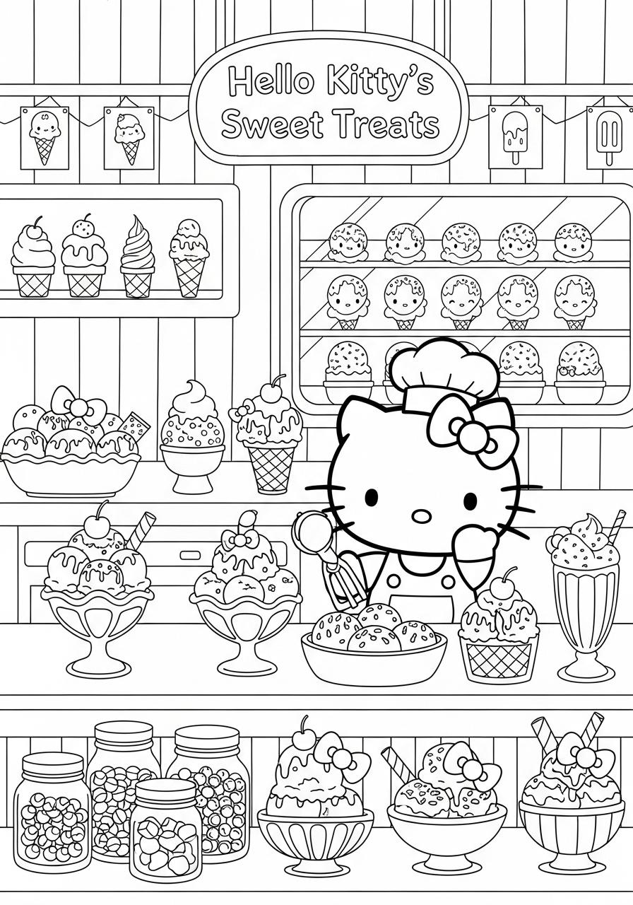 Desenho da Hello Kitty na sorveteria para imprimir e colorir