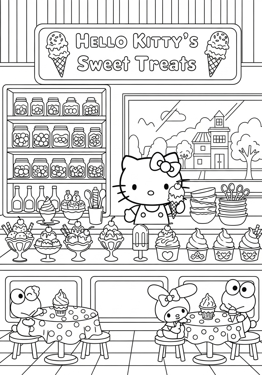 Desenho da Hello Kitty na sorveteria para imprimir e colorir