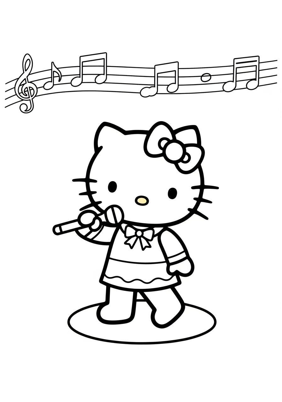 Desenho da Hello Kitty cantando com microfone para colorir