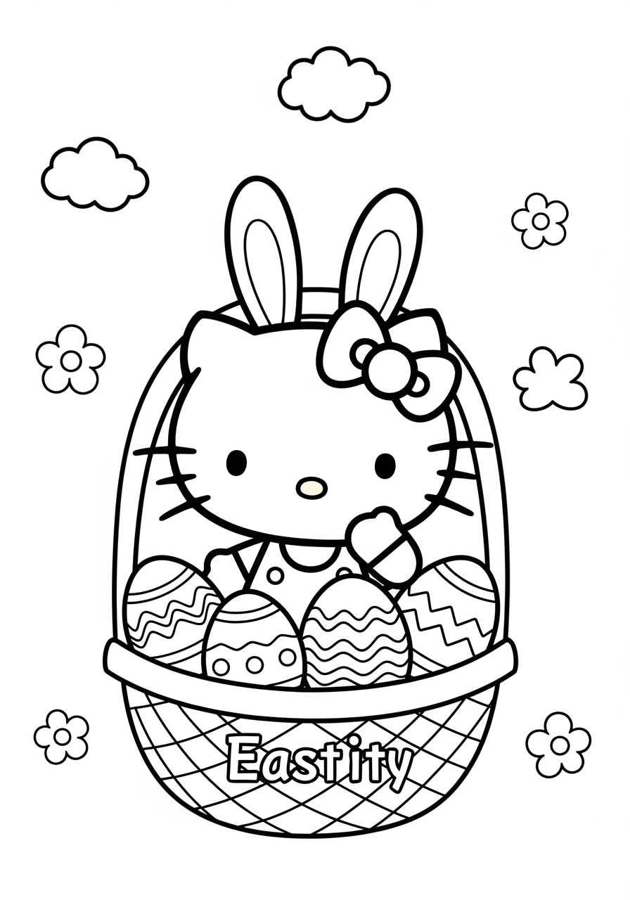 Desenho da Hello Kitty com coelhos e ovos de Páscoa para colorir