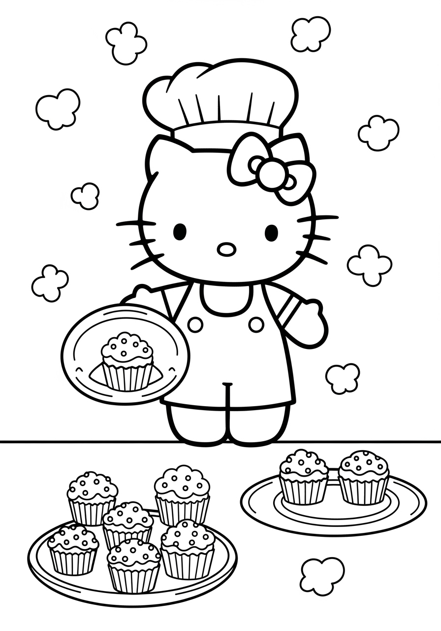 Desenho da Hello Kitty fazendo bolinhos para colorir