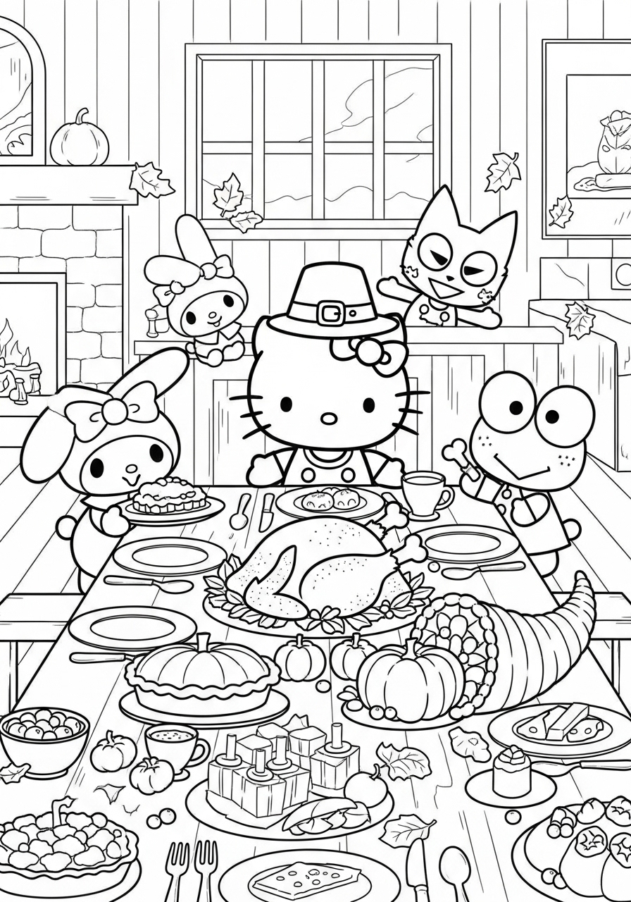 Desenho da Hello Kitty reunida com amigos para imprimir