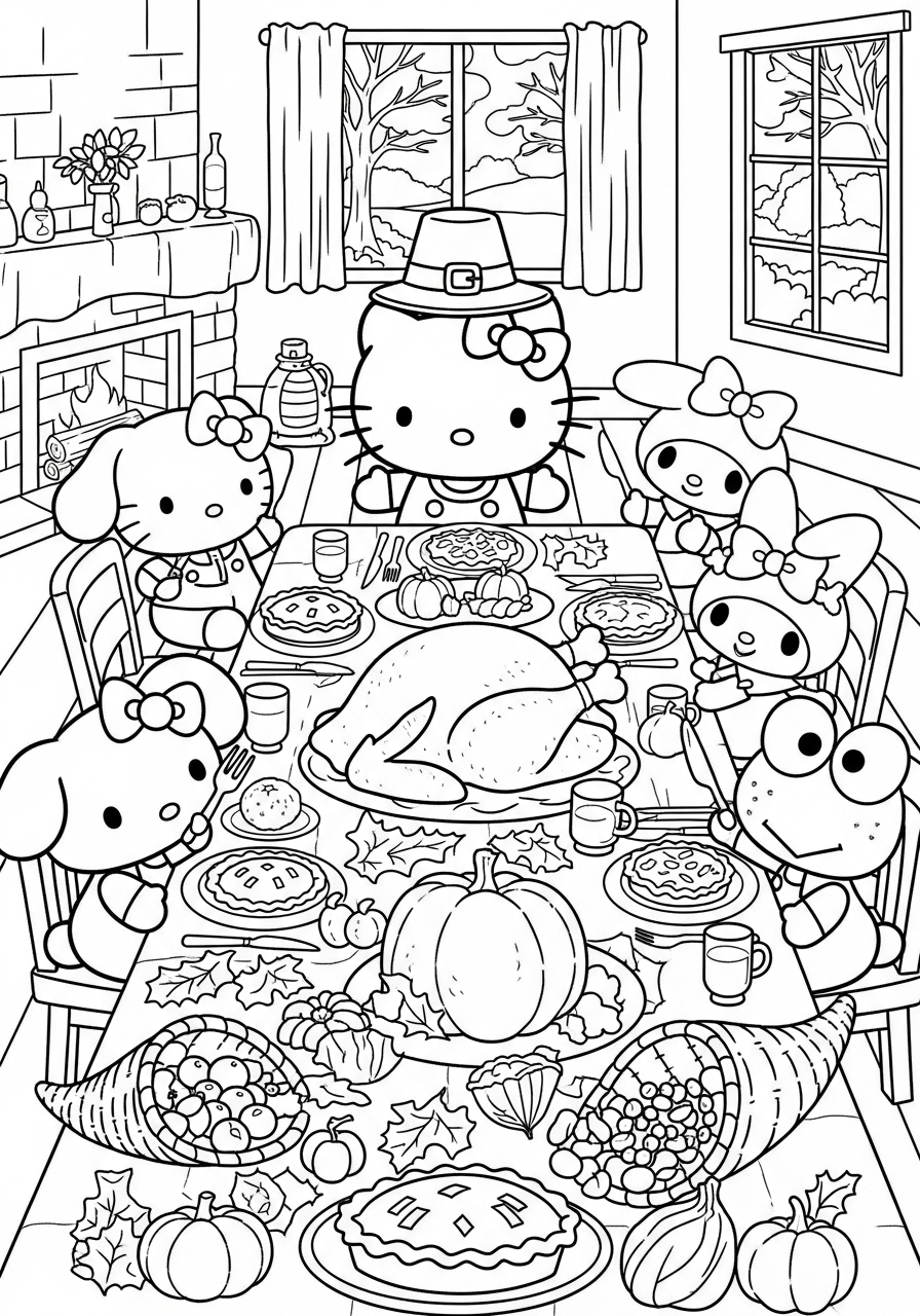 Desenho da Hello Kitty comemorando o Dia de Ação de Graças