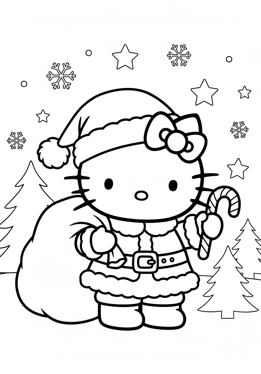 Desenho da Hello Kitty vestida de Papai Noel para colorir