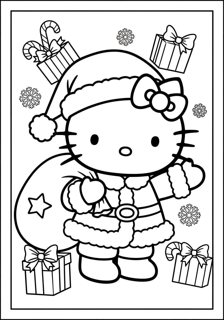 Desenho da Hello Kitty vestida de Papai Noel para colorir