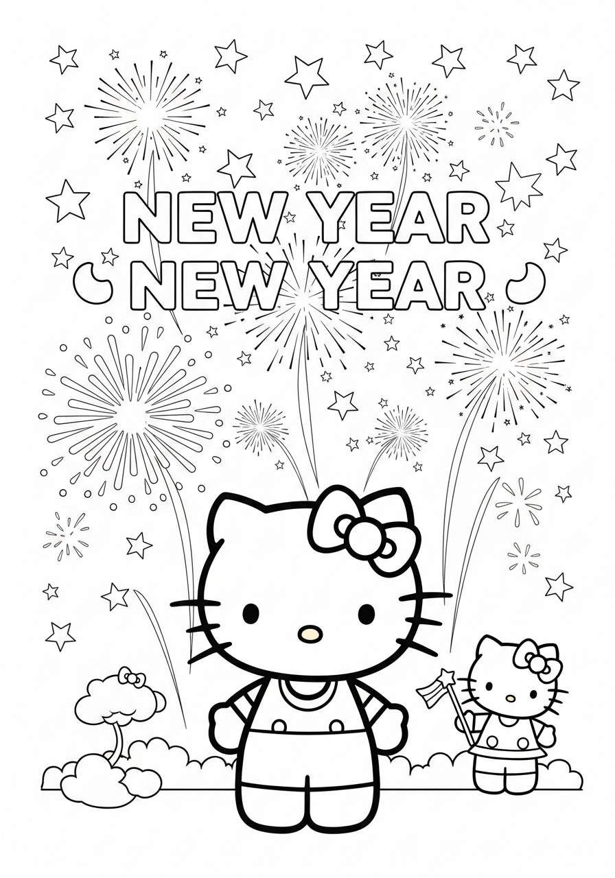 Desenho da Hello Kitty comemorando o Ano Novo para colorir