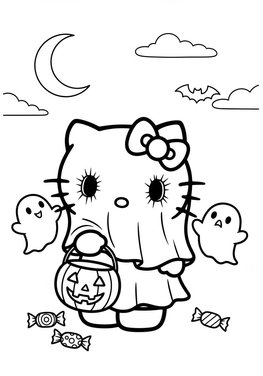 Desenho da Hello Kitty fantasiada de fantasma para colorir