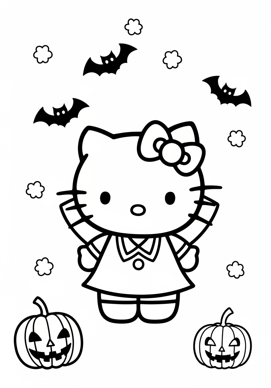 Desenho da Hello Kitty com abóboras e morcegos para colorir