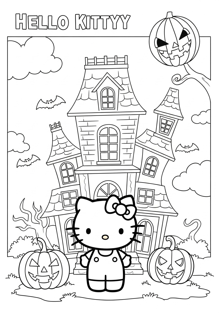 Desenho da Hello Kitty em frente a uma casa mal assombrada