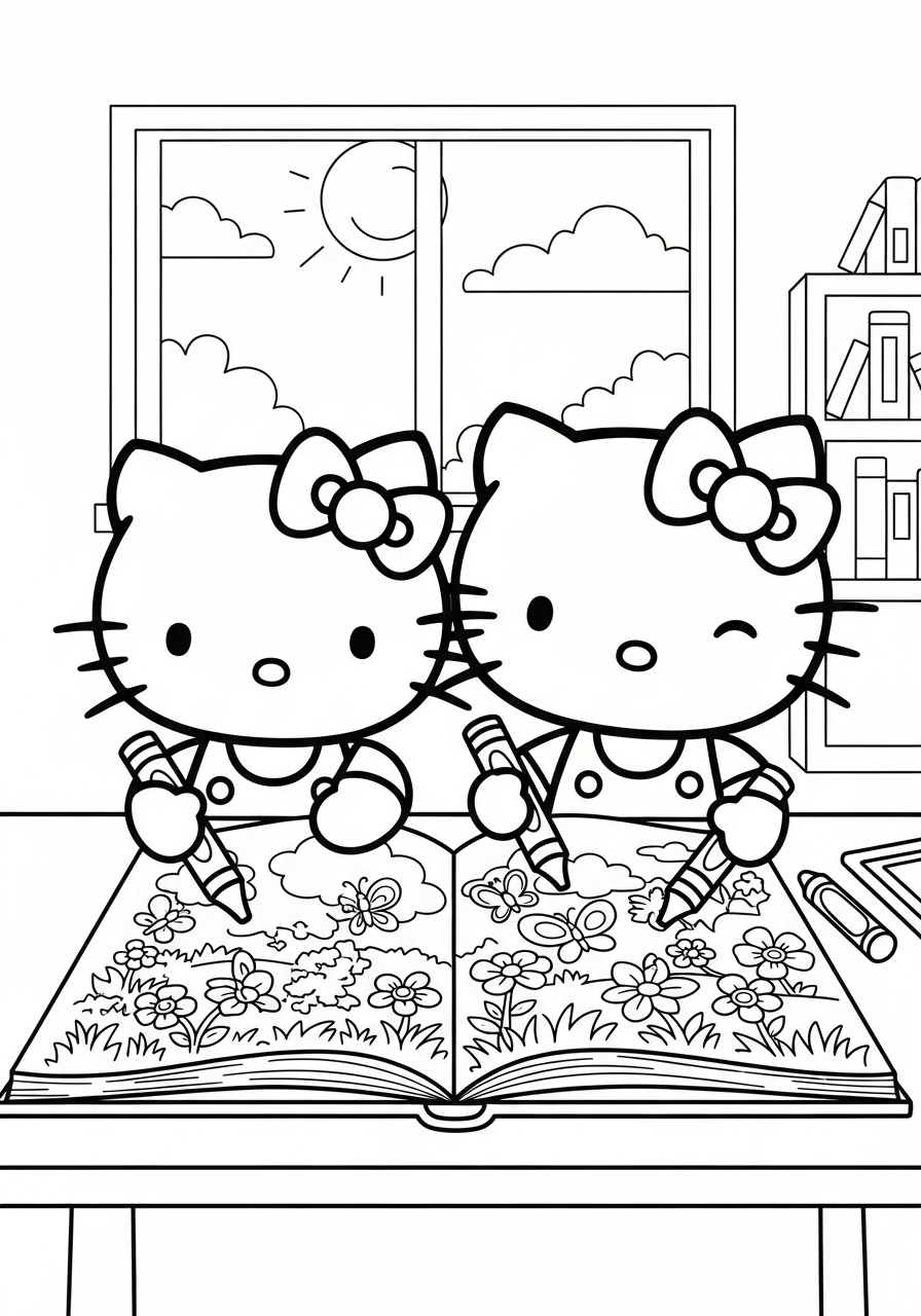 Desenho da Hello Kitty colorindo um livro de flores